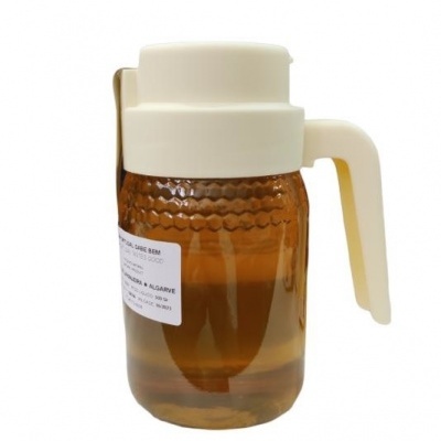 Jarra plástica castanha com tampa e pega brancas e textura bolhada