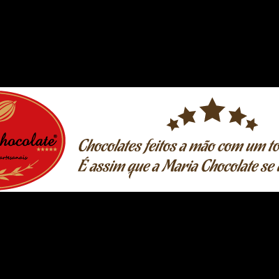 Logotipo Maria Chocolate com texto promocional em português