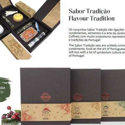 Conjuntos de presentes Sabor Tradição com embalagens pretas decoradas e produtos diversos em fundo branco.