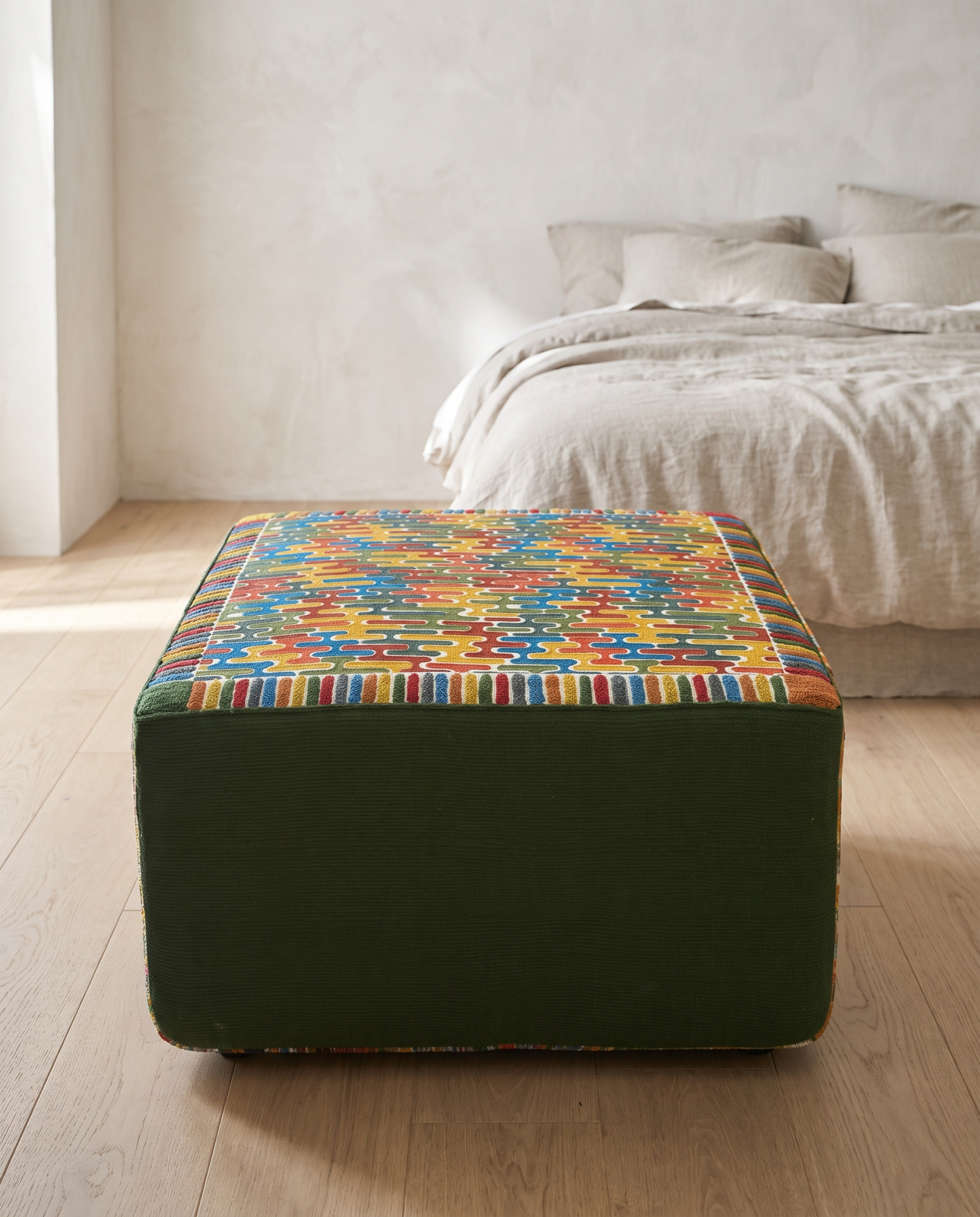 Pufe quadrado com padrão multicolorido sobre chão de madeira, cama bege ao fundo