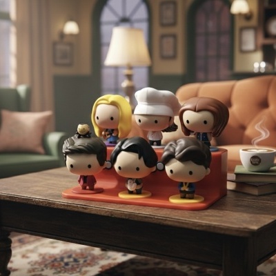 Figuras chibi coloridas em base vermelha sobre mesa de madeira numa sala com sofá e chávena de café