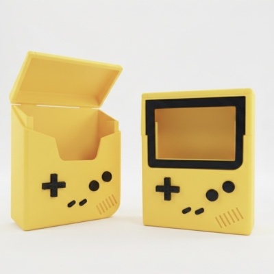 Caixas amarelas em forma de comando de consola de jogos com botões pretos