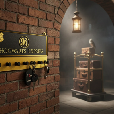 Suporte para chaves Hogwarts Express preto e dourado numa parede de tijolos.
