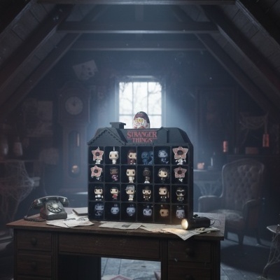 Expositor preto em forma de casa com figuras de Stranger Things numa mesa de madeira em sótão escuro