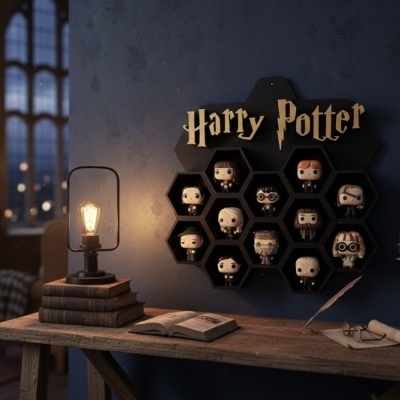 Prateleira pendurada com bonecos Funko Pop de Harry Potter e texto Harry Potter