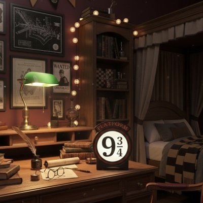 Escritório vintage com candeeiro verde, livros, pena e luz redonda com texto PLATFORM 9 3/4