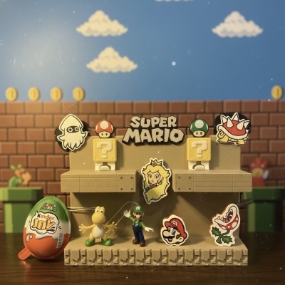 Figuras de ação Super Mario em suporte com blocos ? e ovo Kinder Joy num cenário de jogo.