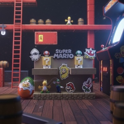 Expositor de figuras Super Mario com figuras pequenas e fundo de jogo arcade Donkey Kong