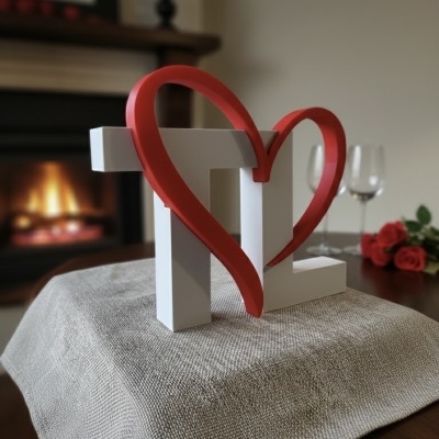 Decoração de mesa com letras brancas T e L e coração vermelho entre elas.