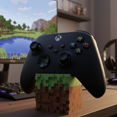 Comando Xbox sobre base Minecraft numa secretária com monitor a mostrar o jogo Minecraft