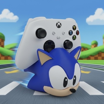 Suporte para comando Xbox com cabeça do Sonic azul numa pista de corrida