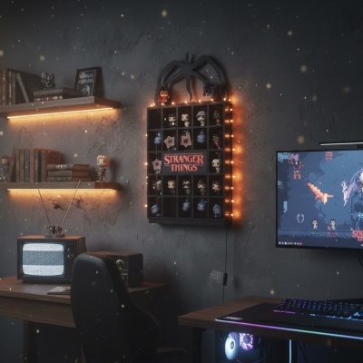 Coleção Funko Pop Stranger Things em prateleira preta iluminada com luzes LED laranja