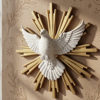 Escultura de pássaro branco com fundo dourado numa parede bege