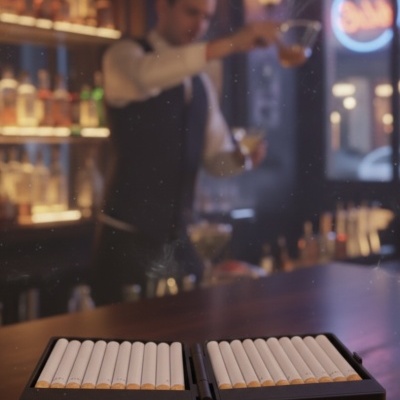 Estojo aberto com 20 cigarros e homem ao fundo desfocado no bar