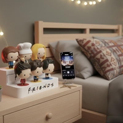 Mini figuras da série Friends em suporte branco numa mesa de cabeceira ao lado de cama com almofadas e luzes decorativas