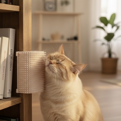 Gato esfregando a cabeça em escovador fixado em estante de madeira com livros e planta