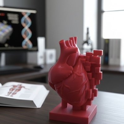 Modelo anatómico vermelho do coração num escritório