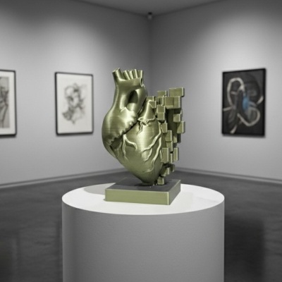 Escultura metálica verde de coração humano em exposição numa galeria de arte