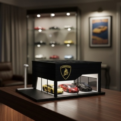 Miniatura de showroom Lamborghini com três carros em miniatura numa mesa