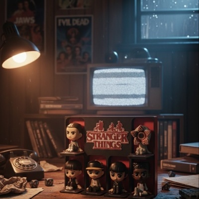 Conjunto de figuras colecionáveis de Stranger Things sobre mesa de madeira com telefone antigo, dados, livros e lâmpada acesa.