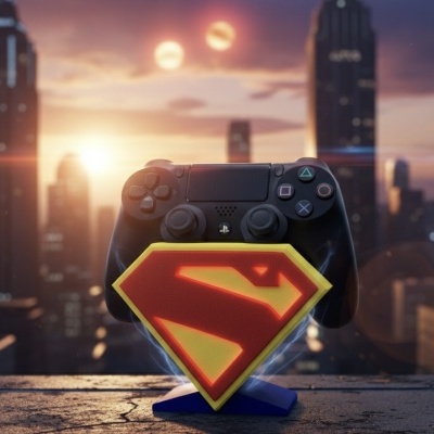 Suporte para comando de videojogo com símbolo de super-herói em fundo urbano ao pôr do sol