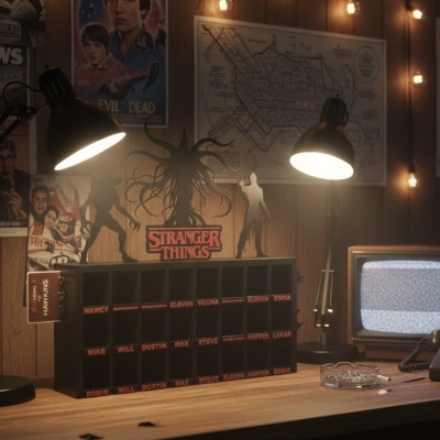 Organizador de secretária preto com nomes vermelhos e figuras Stranger Things em madeira