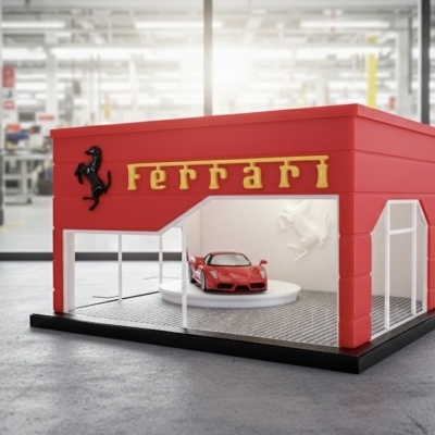 Modelo miniatura de loja Ferrari vermelha com carro vermelho dentro