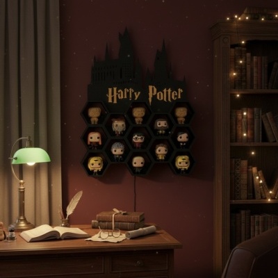 Expositor de parede com figuras colecionáveis de Harry Potter e letreiro, numa sala com mesa, candeeiro verde e estante de livros