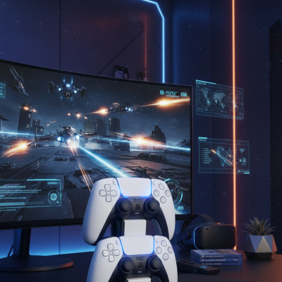 Dois comandos PS5 empilhados em suporte com monitor a mostrar jogo de naves e dispositivo VR num ambiente com luzes LED