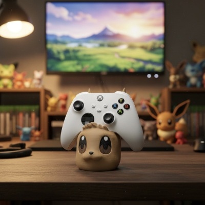 Suporte para comando Xbox em forma de cabeça de Eevee castanha sobre mesa de madeira