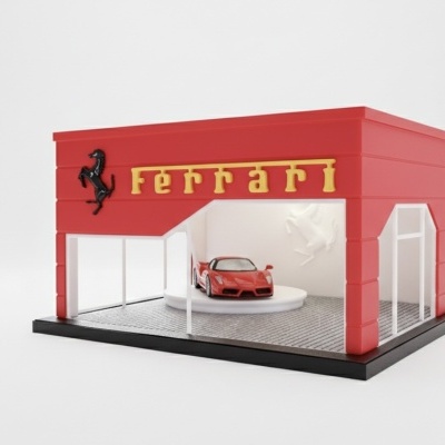 Maqueta de loja Ferrari vermelha com carro desportivo vermelho no interior