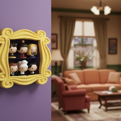 Prateleira amarela com figuras de vinil na parede roxa ao lado de uma sala de estar