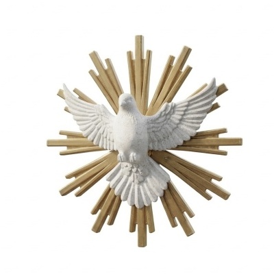 Estatueta de pomba branca com raios dourados no fundo