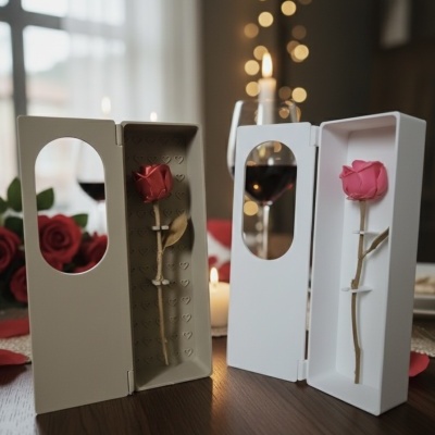 Duas caixas abertas com rosas artificiais, uma vermelha e outra rosa, sobre mesa de madeira com velas e vinho.