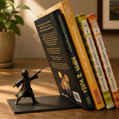 Apoio para livros metálico com figura de personagem e quatro livros coloridos numa mesa de madeira clara