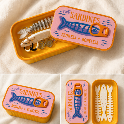 Estojo amarelo e rosa com ilustração de peixe e texto, aberto com bijuteria dentro
