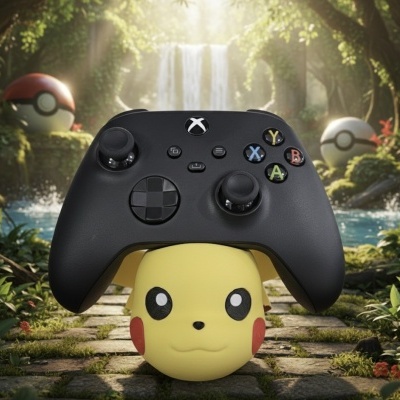 Comando Xbox sobre cabeça de Pikachu numa paisagem de floresta com Poké Balls ao fundo