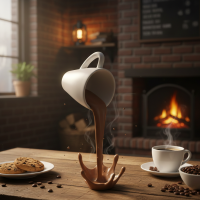 Copo branco a derramar chocolate quente numa mesa com bolachas, café e lareira acesa ao fundo