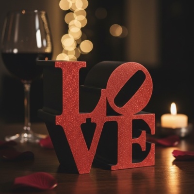 Escultura LOVE vermelha com glitter em mesa com vela, taça de vinho e pétalas vermelhas