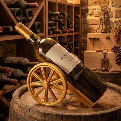 Garrafa de vinho branco em suporte dourado com rodas em adega de pedra