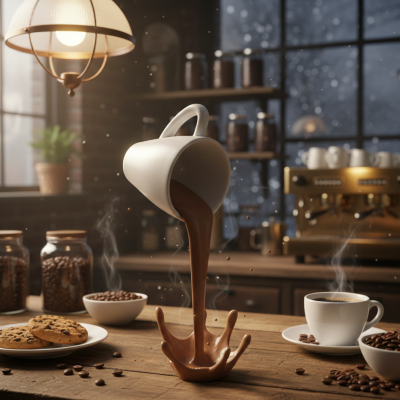 Xícara branca a derramar café numa mesa de madeira com biscoitos e grãos de café