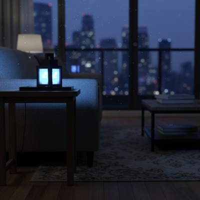 Lanterna quadrada preta com luz azul sobre mesa ao lado de sofá cinza