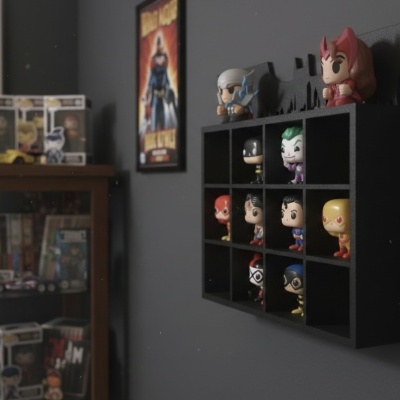 Estante preta com bonecos Funko Pop de personagens DC Comics numa parede cinza
