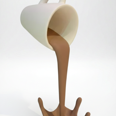 Chávena branca a verter líquido castanho formando splash em forma de mão