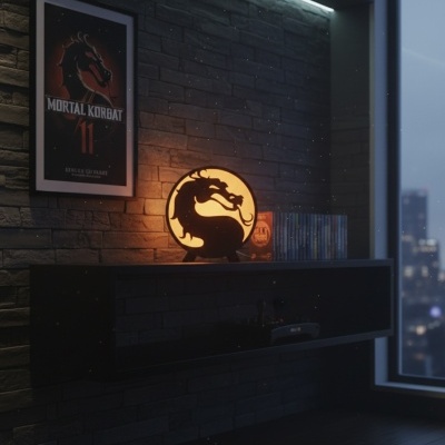Luminária de dragão iluminada e quadro Mortal Kombat 11 numa parede de tijolos cinzentos