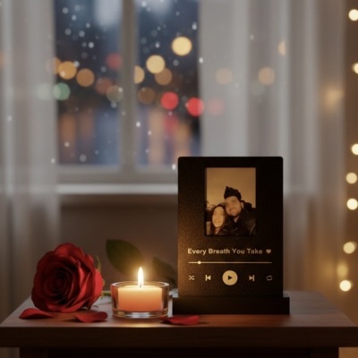 Placa preta com foto e texto, vela acesa e rosa vermelha em cima de mesa de madeira