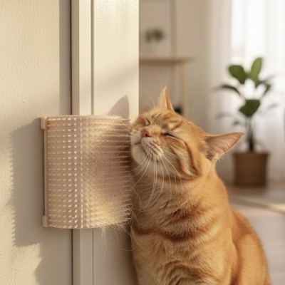 Gato esfregando cabeça numa escova de limpeza auto-adesiva fixa à parede