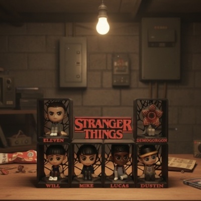 Bonecos Stranger Things em caixas pretas com nomes em vermelho distribuídos sobre mesa de madeira numa cave com parede de tijolos cinzentos