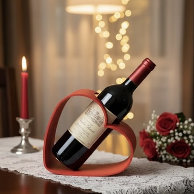 Garrafa de vinho tinto em suporte em forma de coração vermelho sobre mesa com toalha rendada