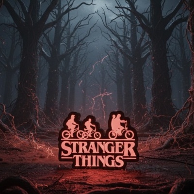 Objeto iluminado vermelho com silhuetas e texto Stranger Things numa floresta escura
